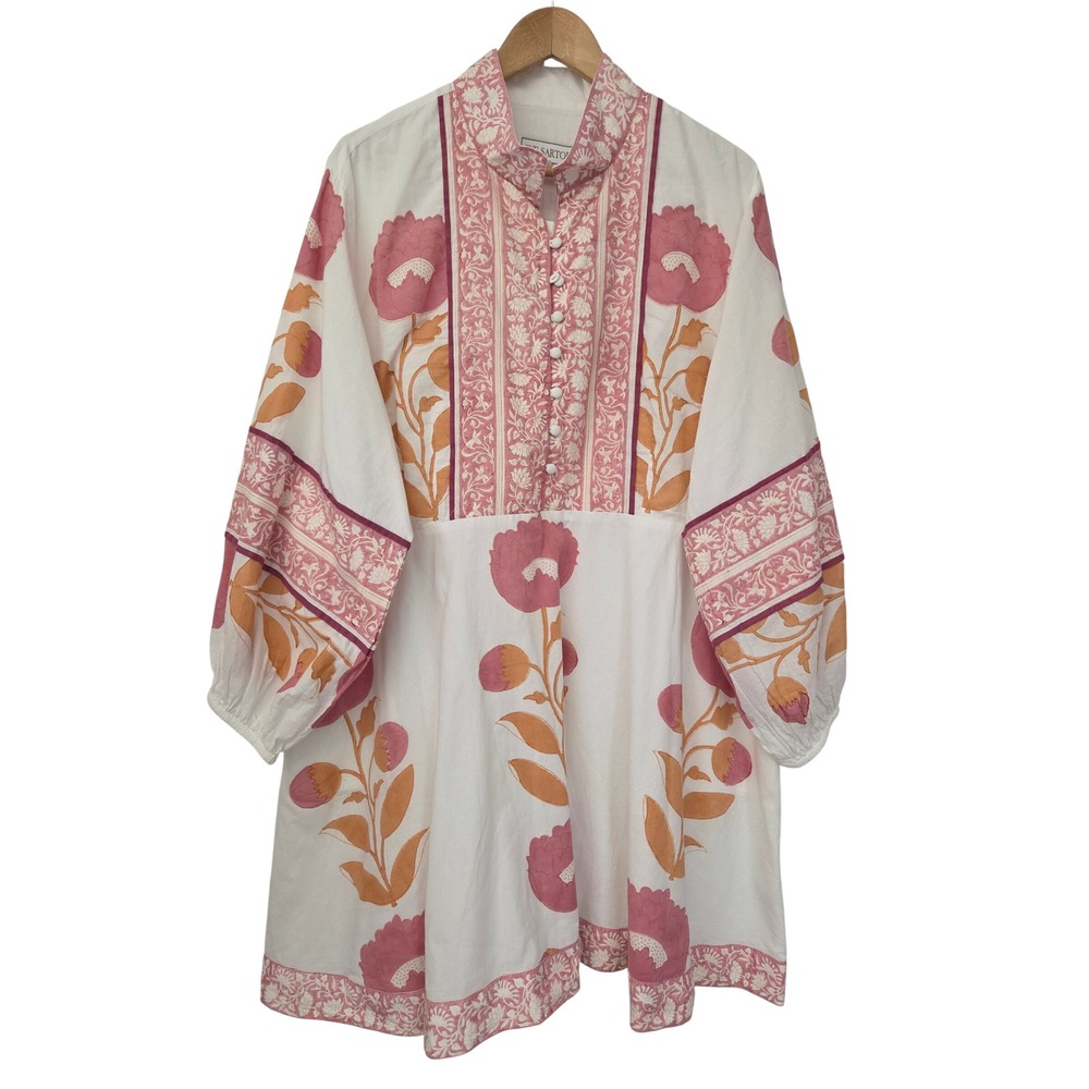 Sue Sartor Flounce Shorty Dress Block Print Women 2X Pink Orange $429 - No Belt